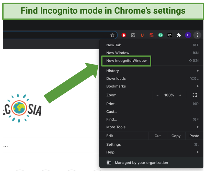 Screenshot showing how to open a new Incognito window with Chrome