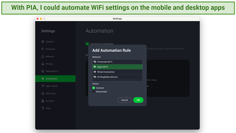 Screenshot showing the Private Internet Access app using the automation function to assign WiFi rules