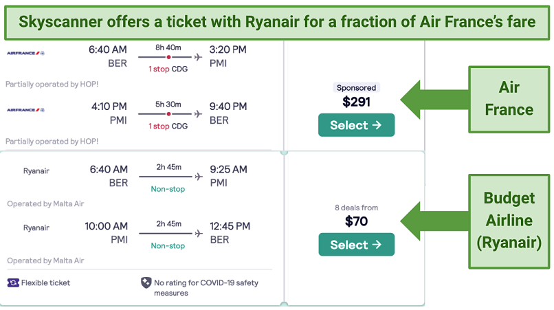 Screenshot showing flight comparisons on Skyscanner between Air France and Ryanair