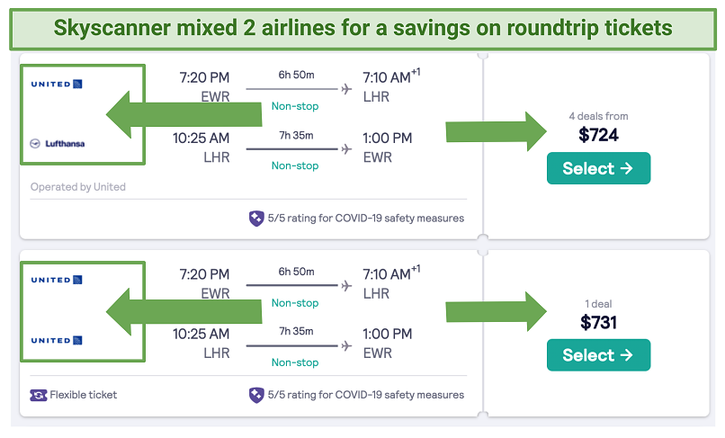 Screenshot showing the price difference of tickets on Skyscanner when mixing airlines
