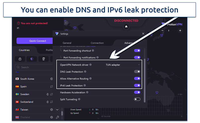 Screenshot of Proton VPN's security settings