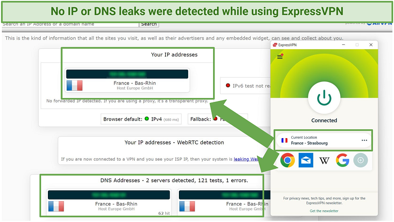 A screenshot showing ExpressVPN offers robust IP/DNS leak protection