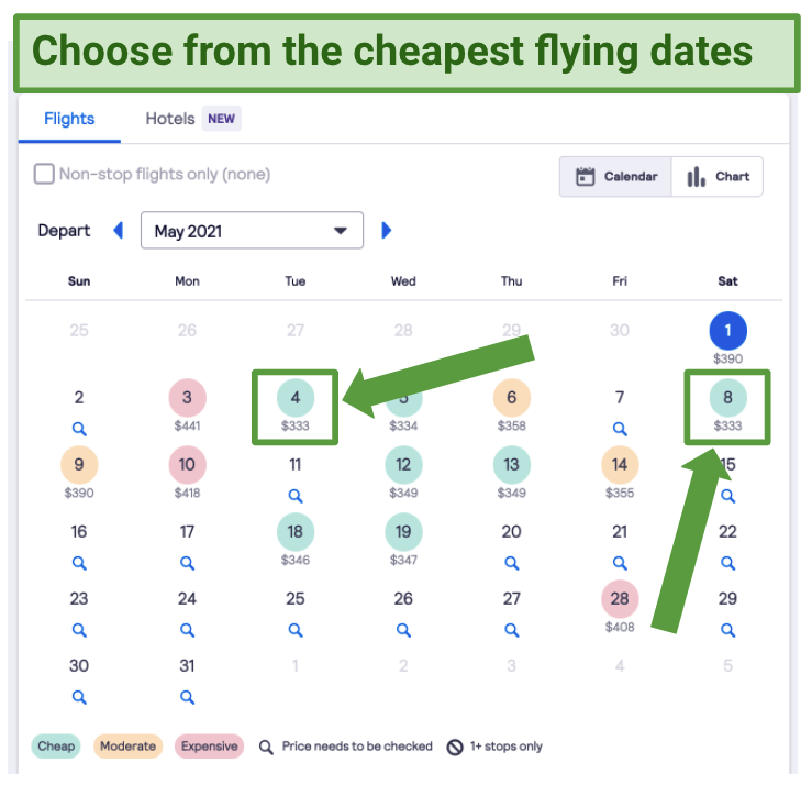 Screenshot showing daily price comparisons on skyscanner.com