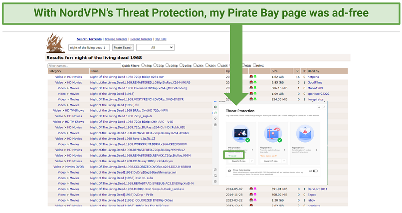 Screenshot of an ad-free torrent page with NordVPN's Threat Protection enabled