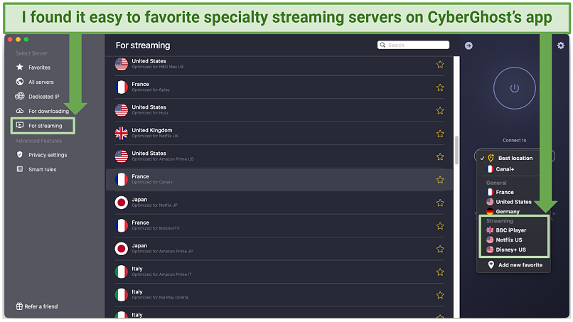 Screenshot of a CyberGhost app in expanded view, saving favorite streaming servers for easy access
