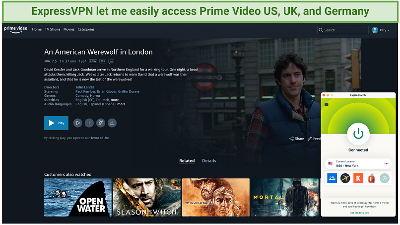 Screenshot showing an ExpressVPN app connected to New York over an unblocked US Prime Video page