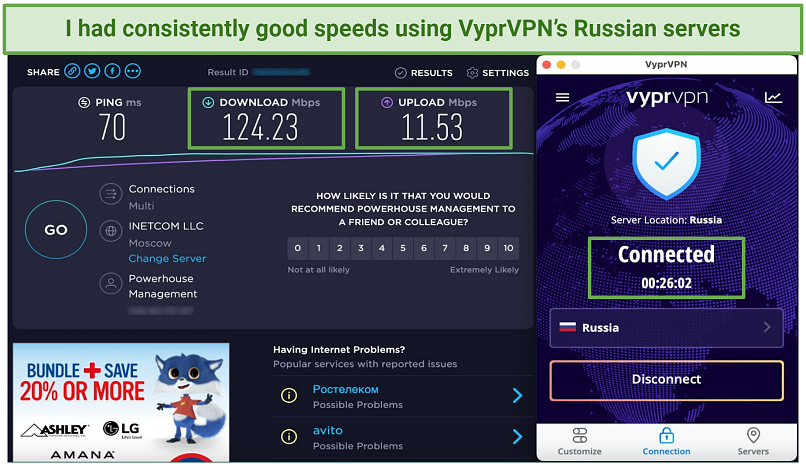 Screenshot of VyprVPN's speed tets results using its server in Moscow