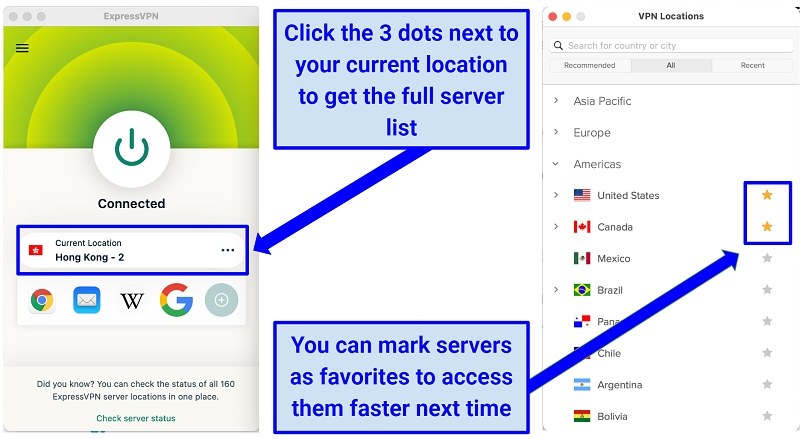 A screenshot of ExpressVPN's server list within the app