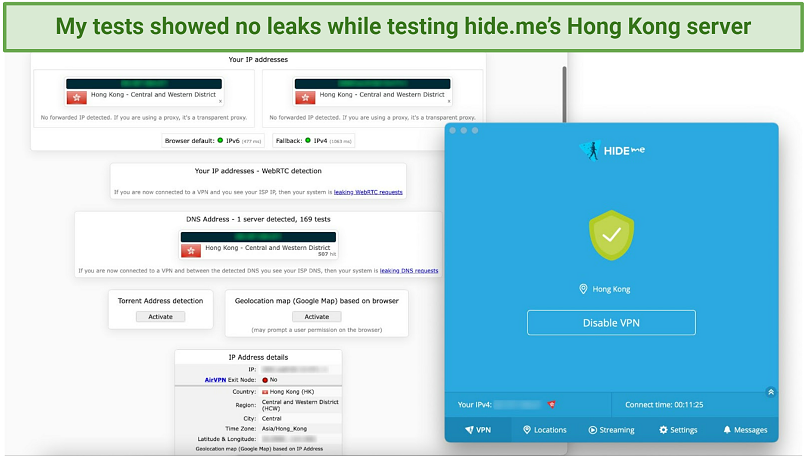 A screenshot showing that hideme didn't leak my real IP address