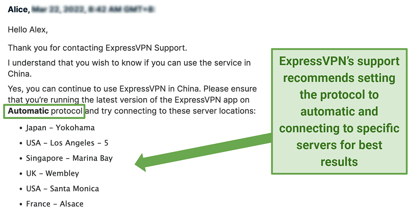 Screenshot of ExpressVPN's customer support reply to my question about whether the VPN would work in restrictive countries like China or Russia