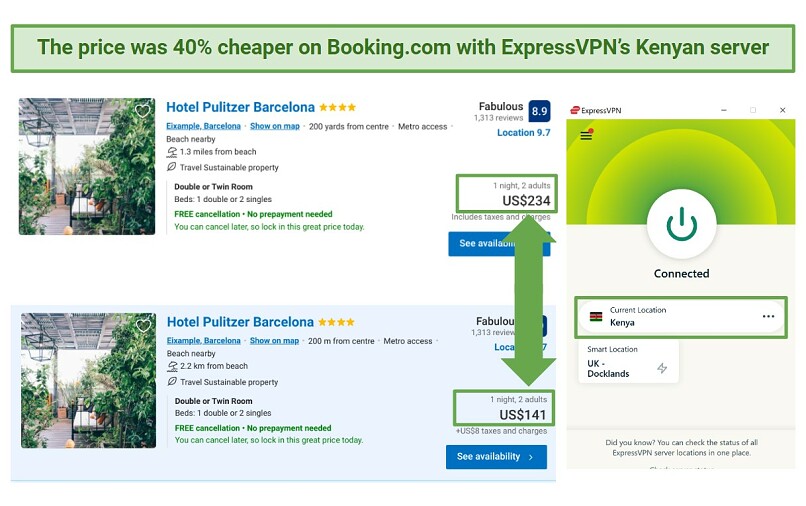 Image showing price difference got a hotel in Barcelona using ExpressVPN's server in Kenya