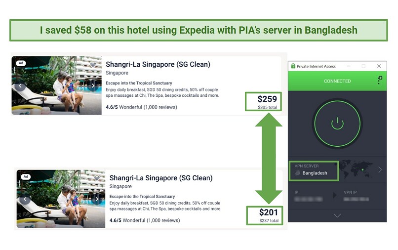 Image showing price difference on hotels in Singapore using PIA's server in Bangladesh