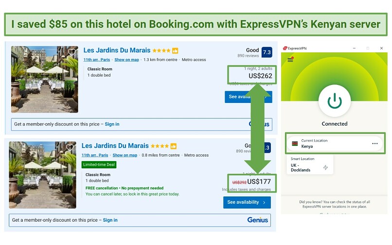Screenshot of saving money on a hotel in Paris with ExpressVPN's Kenyan server