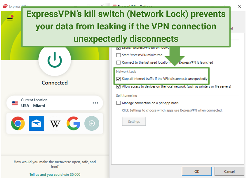 A screenshot showing it's easy to enable ExpressVPN's kill switch (Network Lock)