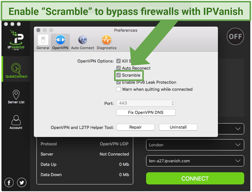 A screenshot of the IPVanish app security settings, showing the Scramble feature toggled on