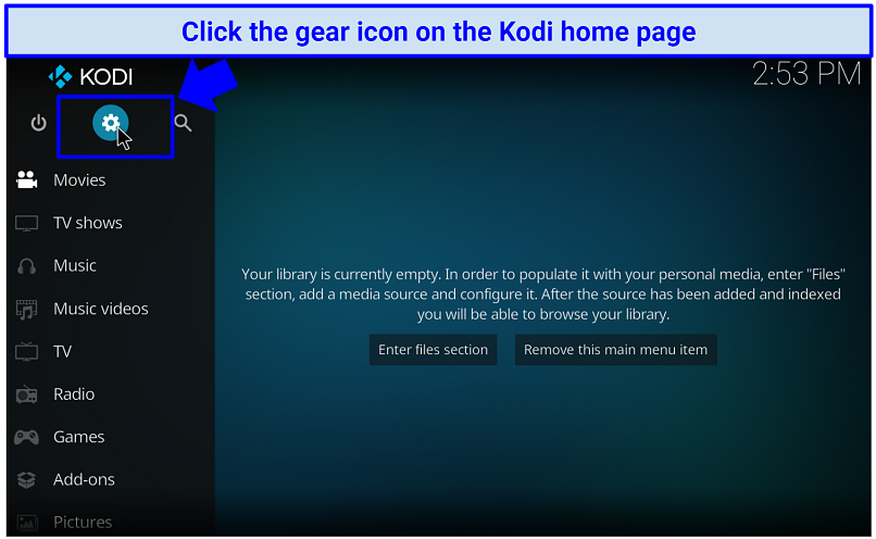A screenshot showing the gear icon that you should click to install Kodi addons from unofficial repositories
