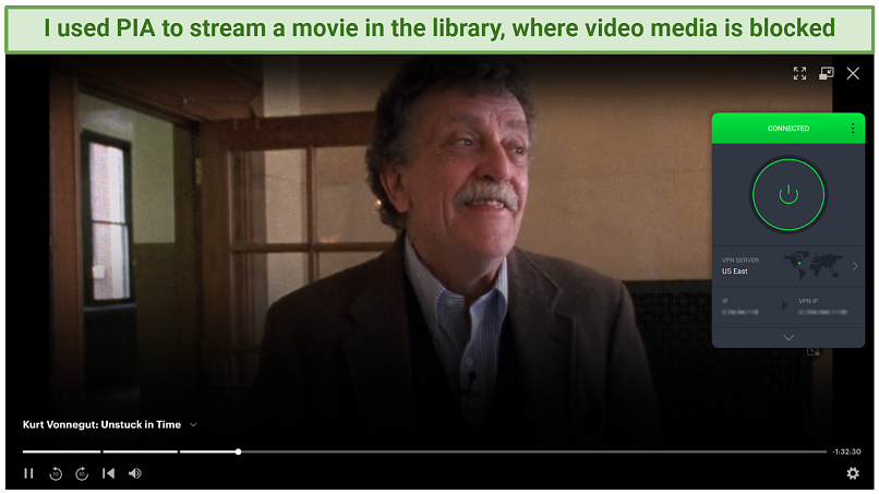 Screenshot showing a PIA app connected to US East over a browser streaming a documentary movie