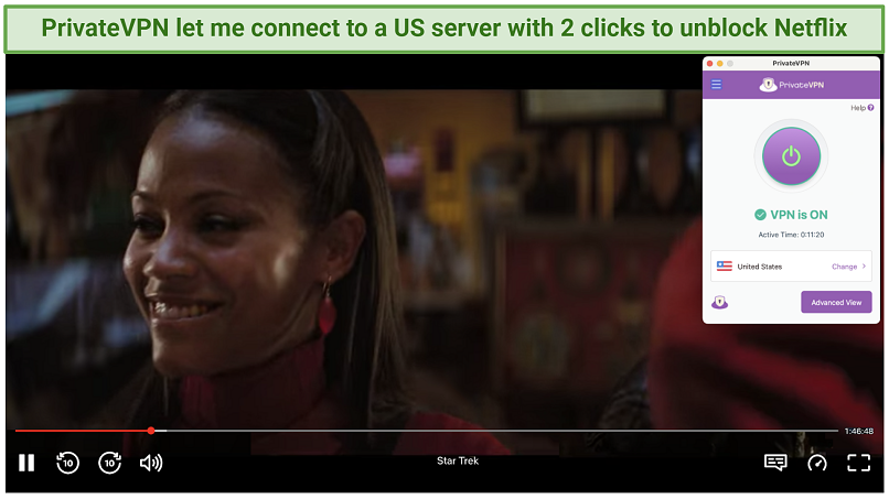 Screenshot showing the PrivateVPN app in Simple View over a browser streaming Star Trek on Netflix