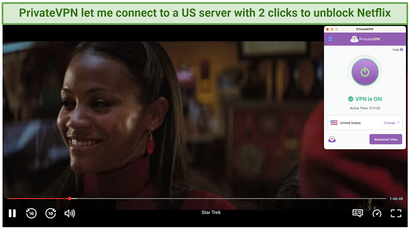 Capture d'écran montrant l'application PrivateVPN en vue simple sur un navigateur en streaming Star Trek sur Netflix