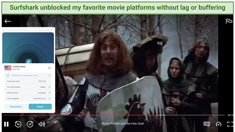 Screenshot showing the Surfshark app connected to a US server and streaming a movie in a browser window