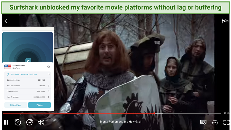 Capture d'écran montrant l'application surfshark connectée à un serveur américain et diffusant un film dans une fenêtre de navigateur