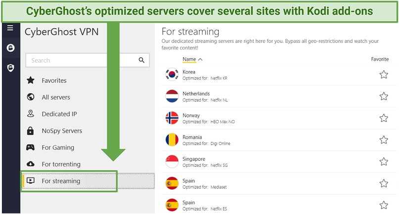 A screenshot showing CyberGhost offers speciality servers for streaming that work with Kodi addons