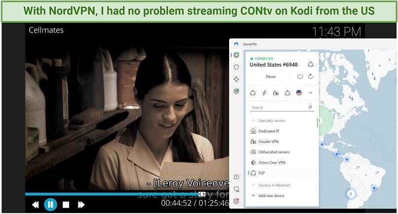 A screenshot showing CONtv Kodi addon streaming Cellmates while connected to NordVPN's US server