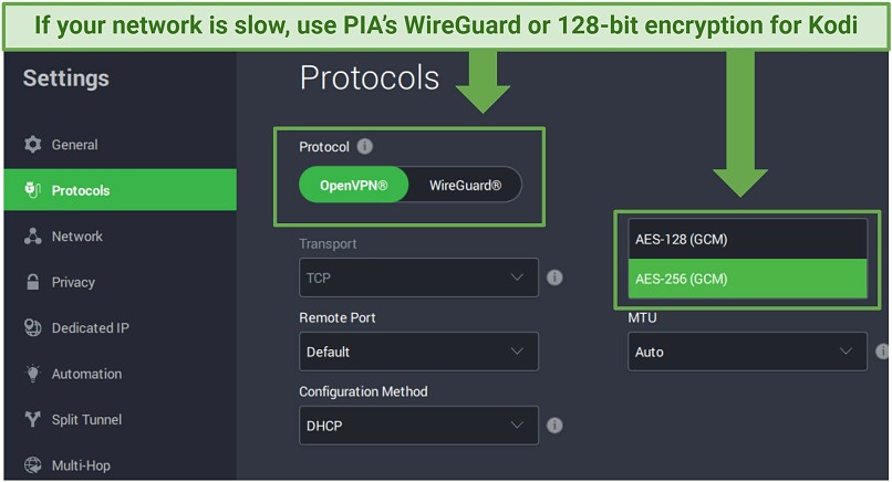 A screenshot showing Private Internet Access (PIA) gives you a choice of security protocols and encryption