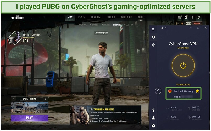 A screenshot of the user playing PUBG while connected to CyberGhost's Frankfurt server