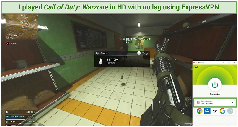 A screenshot of the user playing Call of Duty: Warzone on ExpressVPN's New York server