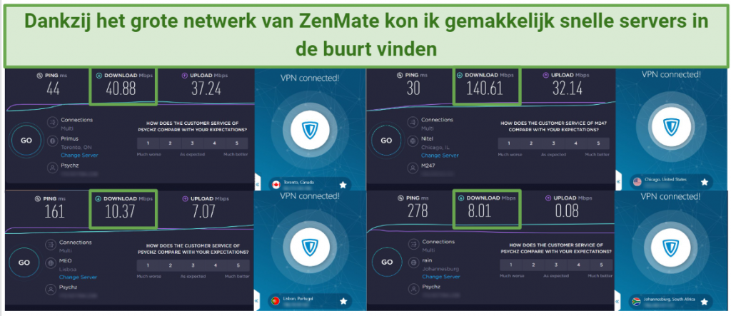 Speed test results using ZenMate connected to 4 different server locations