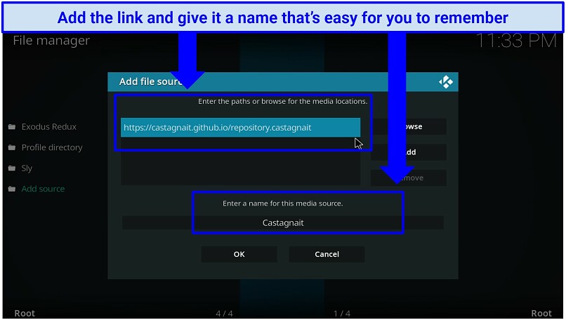A screenshot showing it's easy to add Netflix's source URL and give it a name in Kodi