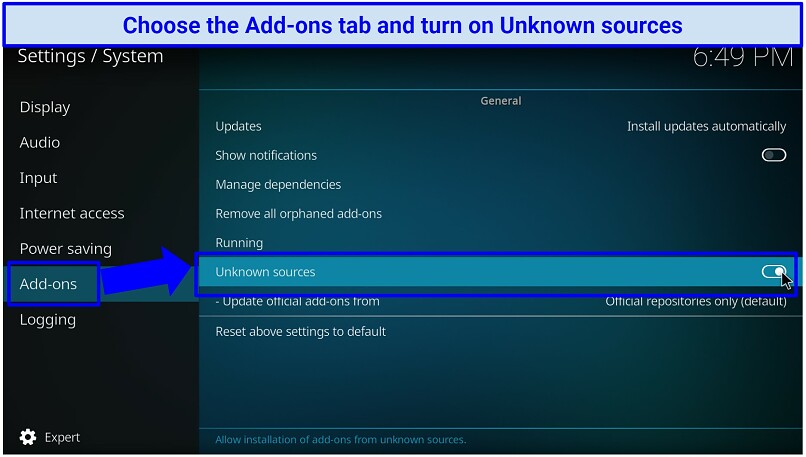 A screenshot showing Unknown source needs to be toggled to ON to permit the installation of third-party Kodi add-ons, such as Netflix