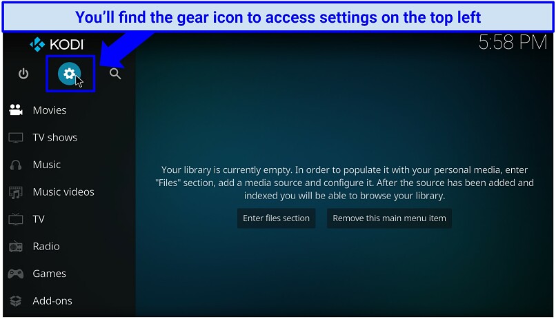 A screenshot showing the gear icon present on the Kodi home screen