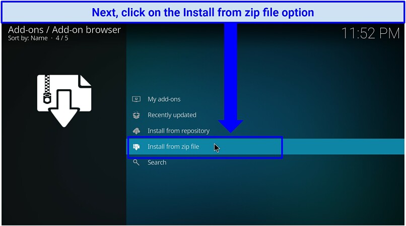A screenshot showing the Install from Zip tab in Kodi, which leads to the unofficial repository section