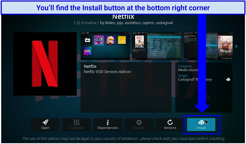 A screenshot showing the Install tab for the Netflix addon within Kodi