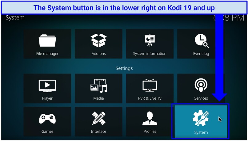 A screenshot showing the system box within Kodi's system menu