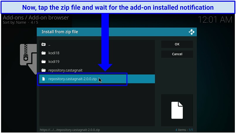A screenshot showing the zip file to select for CastagnalT repository installation in Kodi