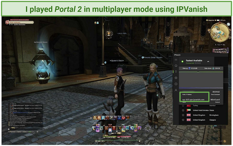 A screenshot of the user playing Portal 2 in multiplayer mode while connected to one of IPVanish's New York servers