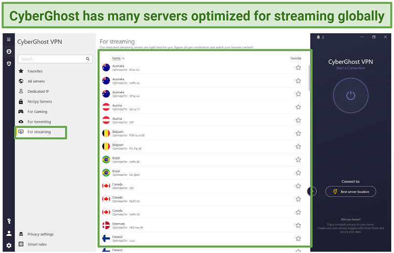 Screenshot of CyberGhost's global network of servers optimized for streaming.