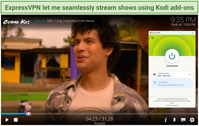 Screenshot of Cobra Kai streaming using the Netflix Kodi add-on with ExpressVPN connected.