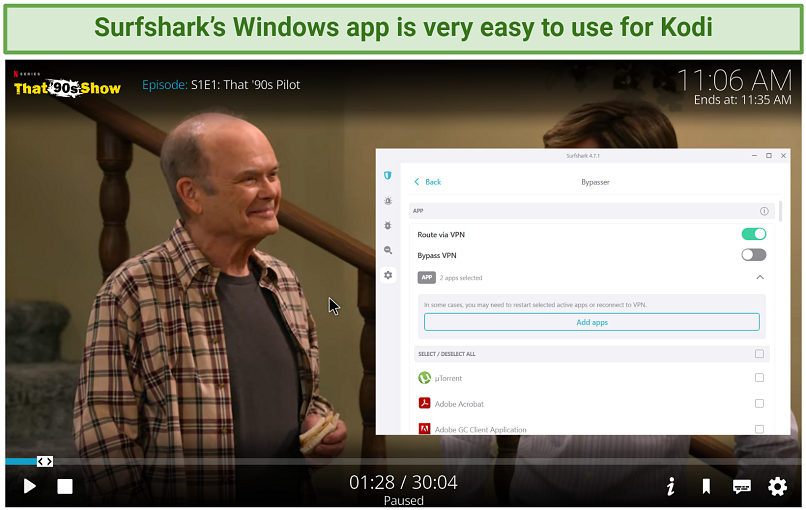 Screenshot of Surfshark's Windows app connected while watching That 90's show on Kodi's Netflix add-on