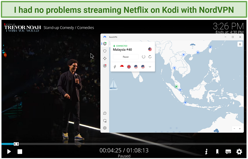 Screenshot of watching Netflix on Kodi while connected to NordVPN