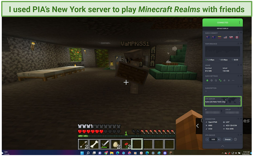 A screenshot of the user playing Fortnite on PIA's New York server