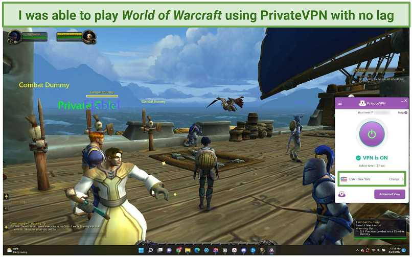 A screenshot of the user playing World of Warcraft while connected to PrivateVPN's New York server