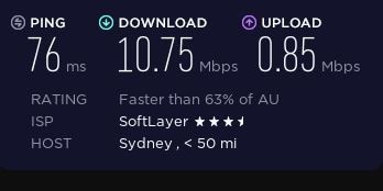 Speed test on a PureVPN server in Australia