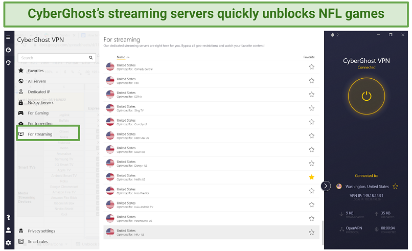 Screenshot of CyberGhost streaming-optimize US servers to access NFL games online