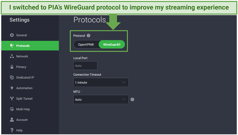 A screenshot showing you can use PIA's WireGuard protocol to watch NFL with the highest quality.