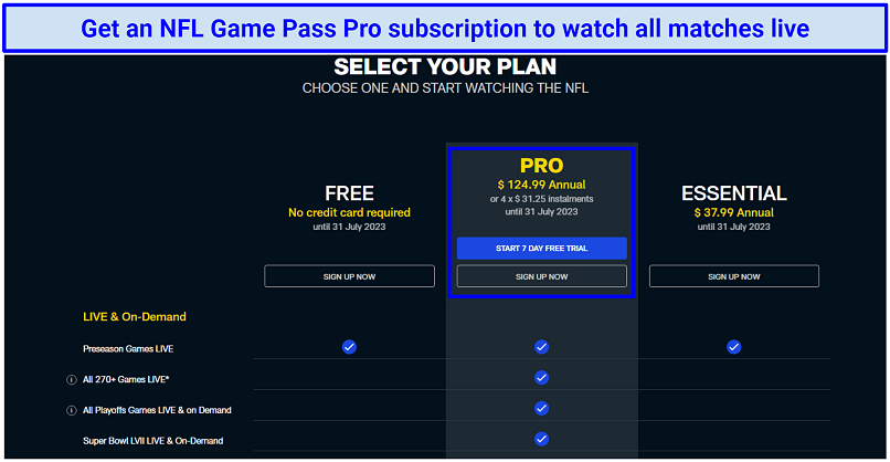 A screenshot showing the NFL Game Pass subscription to choose to watch all matches live