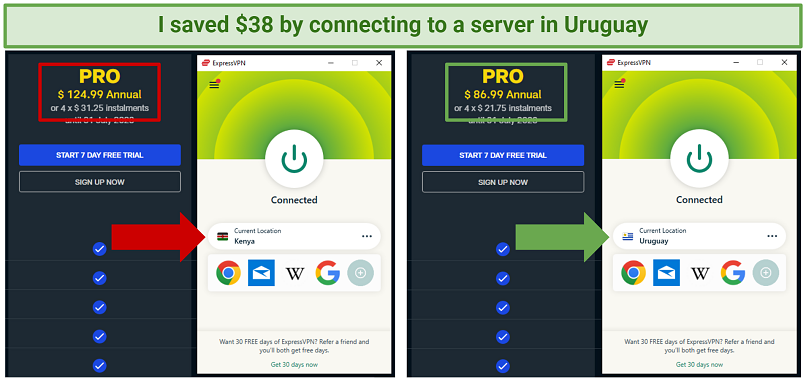 A screenshot showing you can use a VPN to access the cheapest available NFL Game Pass plan.